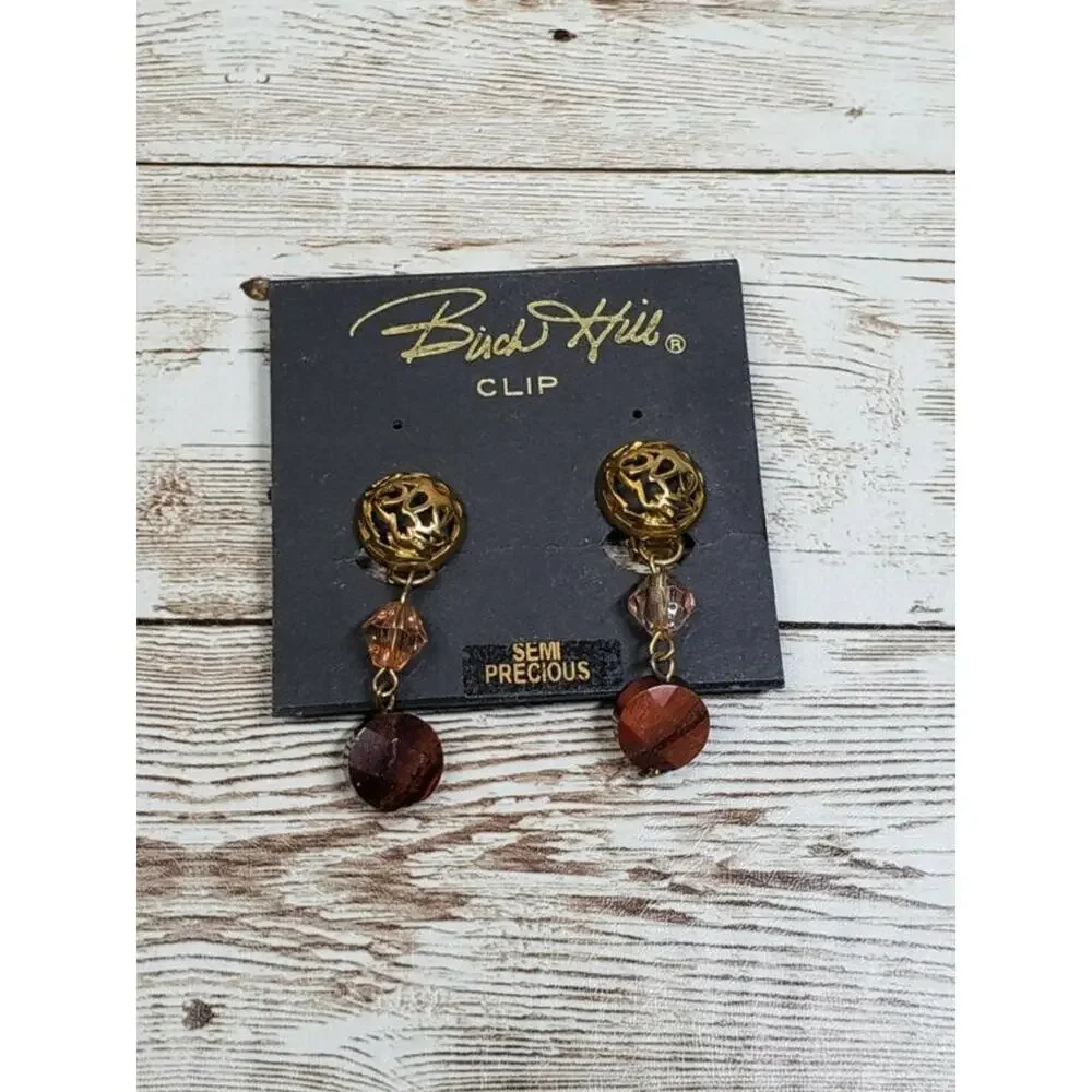 Vintage Birch Hill Clip On Earrings Brown Semi Precious Dangle - Fair Condition